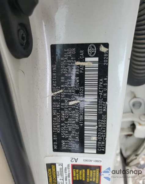 2012 Toyota Avalon Base z USA, uszkodzony, nr VIN 4T1BK3DB9CU449525